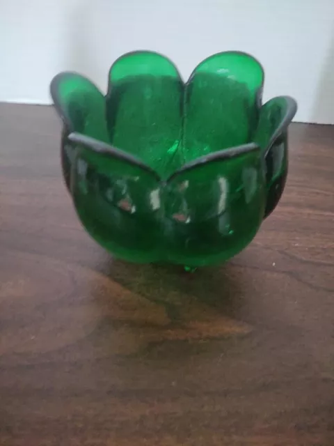 Recycled Green Glass Footed Tulip Petal Vase Bowl Heavy Made in Spain 4"