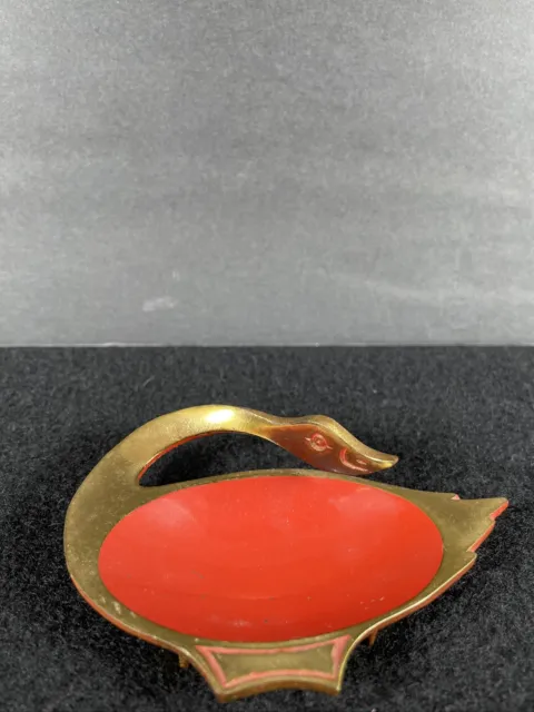 Vintage Hakuli Israel Enamel & Brass Swan Bird Footed Trinket Dish Orange As-Is