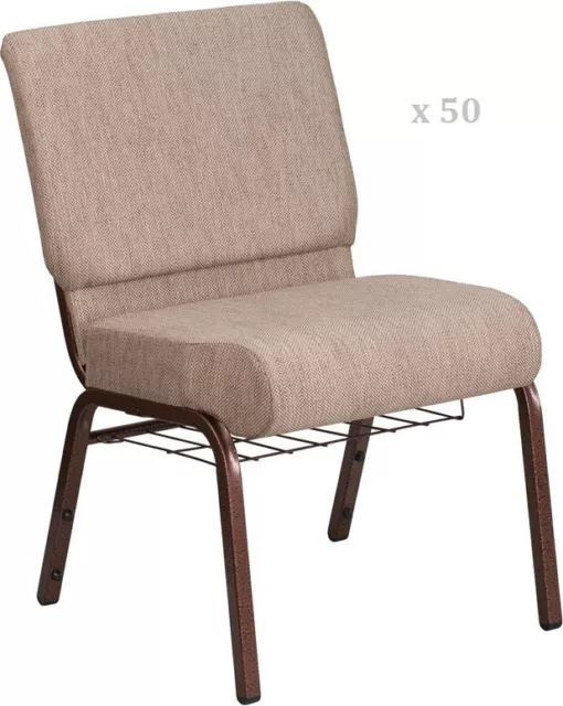 50x Beige 21'' Wide Church Chairs Copper Frame Book Rack 4” Seat Cush-800 Lb Wt