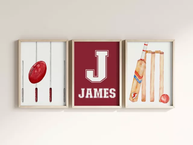 Set of 3 Aussie Rules Cricket Sports Nursery Wall Art, Kids Sports Wall Decor