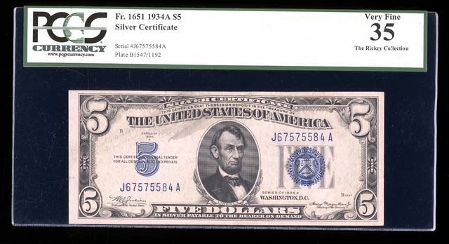 DBR 1934-A $5 Silver Fr. 1651 JA Block PCGS 35 Serial J67575584A