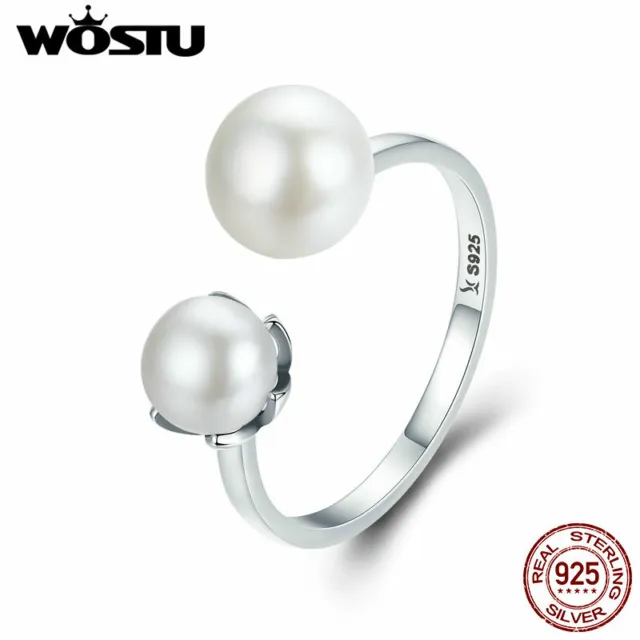 Wostu Adjustable 925 Sterling Silver 2 Pearl Open Ring Party Gift Girl Wedding