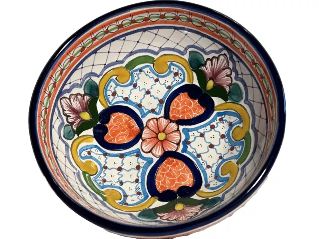 Talavera Pottery Mexico Hand-Painted Footed Round Salsa Bowl Dish Floral Signed