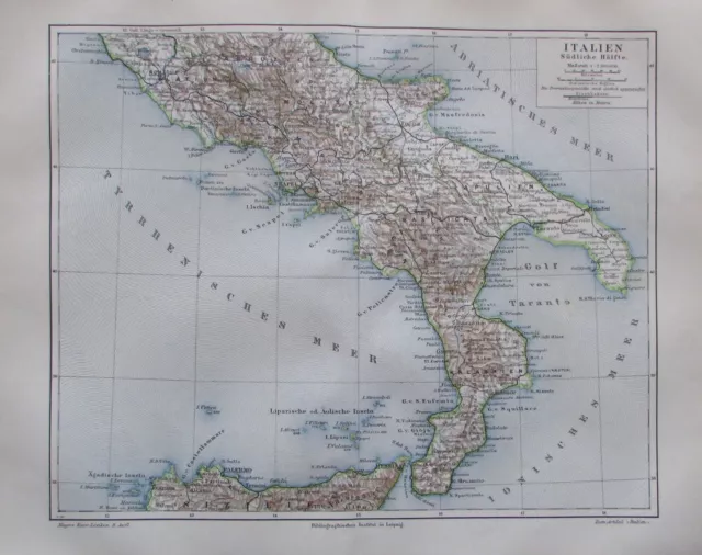 1897 Italien südliche Hälfte - alte Landkarte Karte old map Lithografie