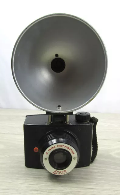 Cámara de fotógrafo de prensa pionera ANSCO JR de colección década de 1940 con flash PROBADO