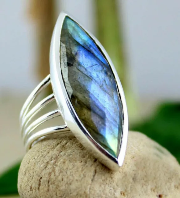 Long Marquise Ring 925 Sterling Silver Jewelry,Fire Labradorite Ring Gift