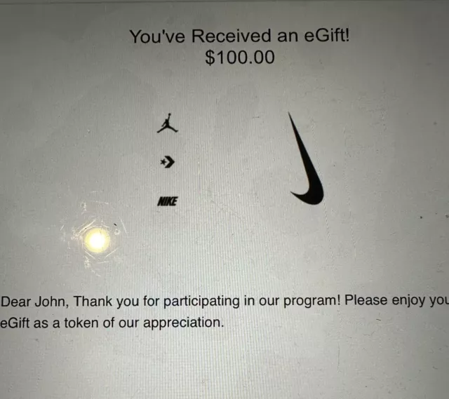 Nike Digital E Gift Card $100 Value - Valid In Store And Online.