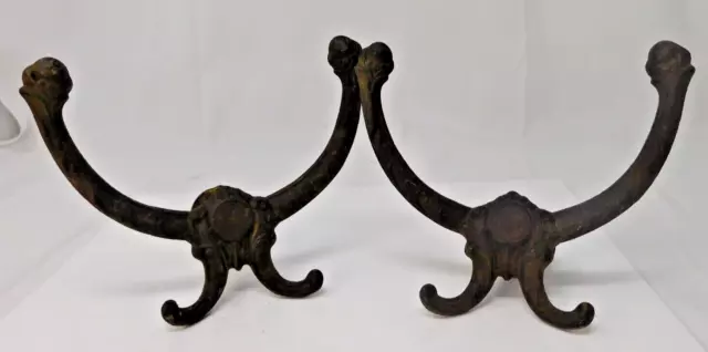2 Antique Double Hall Tree Hooks Coat Hat Hangers Cast Iron w/Collars