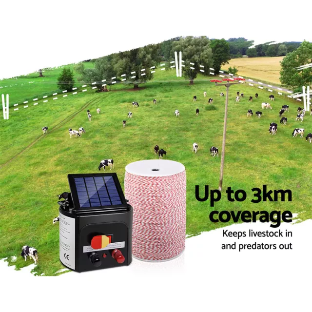 Giantz Electric Fence Energiser 3km Solar Powered Charger + 2KM Tape 3