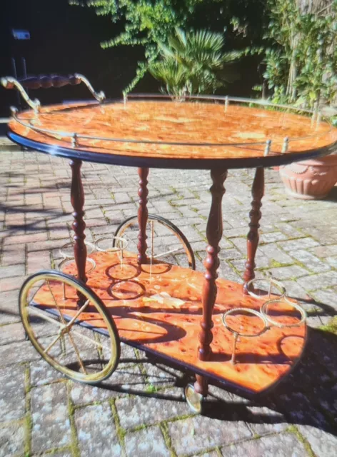 Vintage Italian Marquetry Inlaid Brass & wood Drink&Bar Trolley