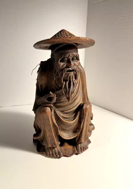 Antique Chinese Folk Inheritance Hand Carved Bamboo Root Old Man Figurine 7"