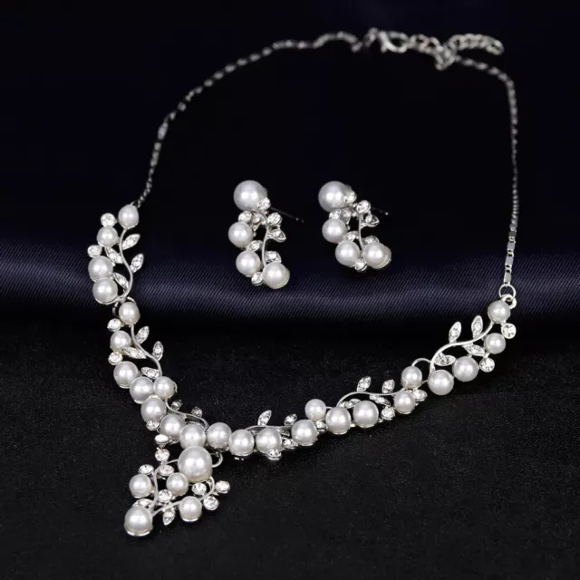 Collar Hoja de Hoja de Cristal Perla Blanco Pendientes Boda Joyería Set
