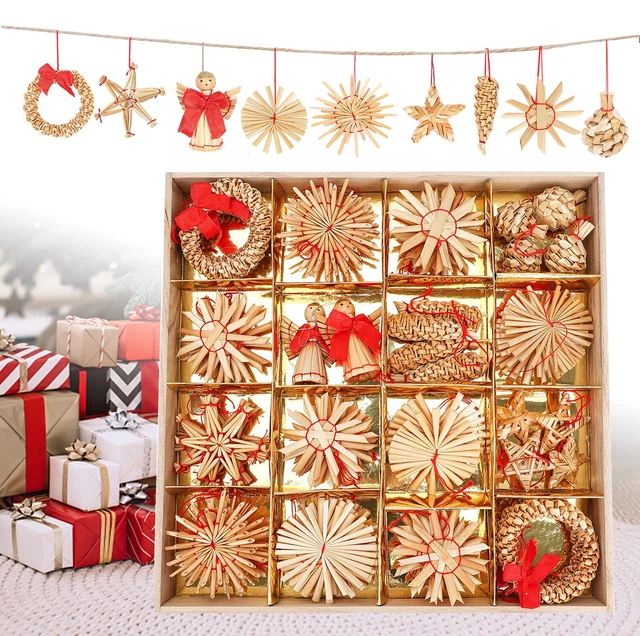 54- tlg Strohsterne Set Box, Ø 4-6 cm, 9 Stile Christbaumschmuck aus Stroh DHL