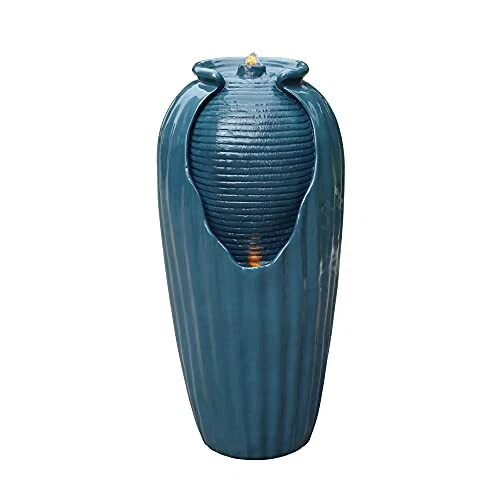 Outdoor Glazed Vase Floor Water Jar Fountain with LED Lights for Garden Patio