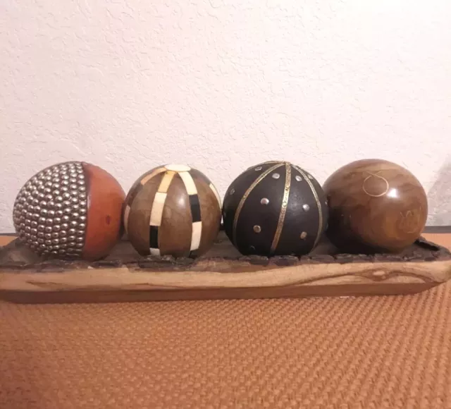 Hand Carved Wooden Wood Ball WITH Carved Display Stand Handmade India