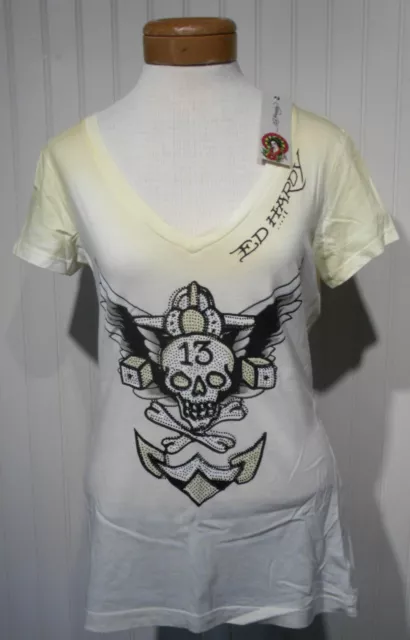 NWT Ed Hardy Skull Wings 13 Womens Scoop Neck T-Shirt M Yellow MSRP$89