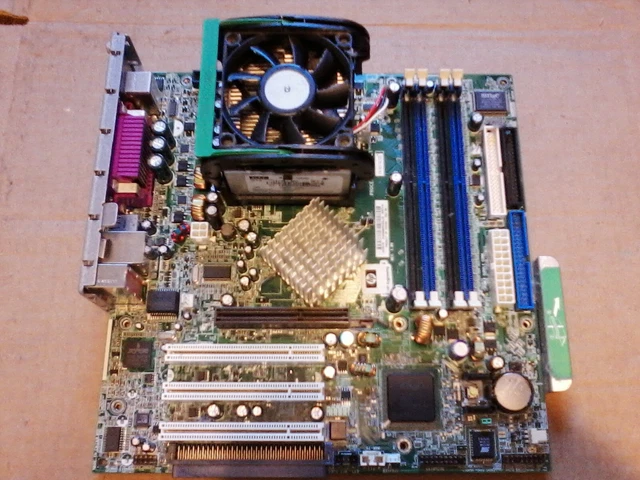 Vintage HP Computer Motherboard with Processor & Large Heat Sink, Gold Scrap