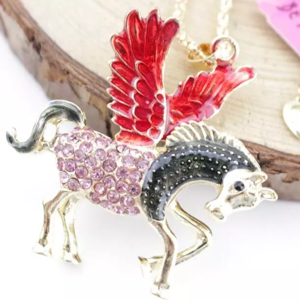 Freeshipping Jewelry Pendant Enamel Chain Rhinestone Pegasus golden Necklace