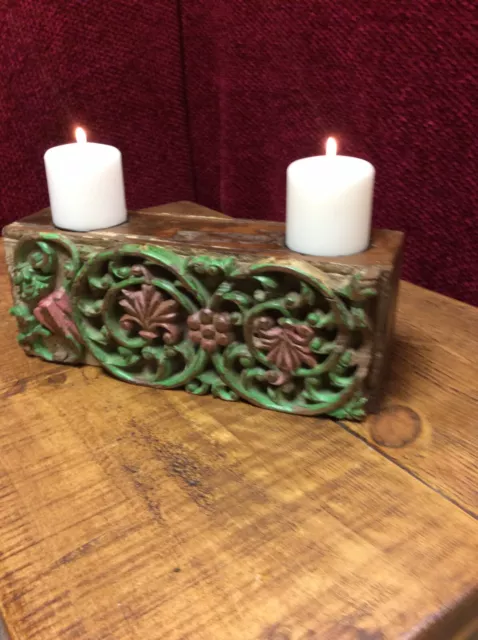 Antique Indian Hardwood Carved Pillar Base Candle Holder 19th Century Hand Paint