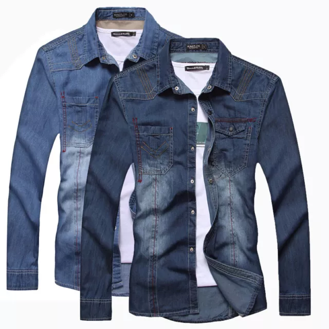 Mens Denim Shirts Long Sleeve Luxury Casual Slim Fit Jeans Washed Camisas