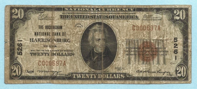 $20 National Currency 1929 T1 - Ch#5261 - Rockingham NB, Harrisonburg VA - Fine