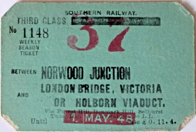 SOUTHERN RAILWAY - Weekly Season. NORWOOD JUNCTION to LONDON BRIDGE Etc 1 MAY 48