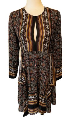 A.L.C. Size 6 Vicki Tiered Silk Scarf Print Long Sleeve Mini Dress Black Mustard