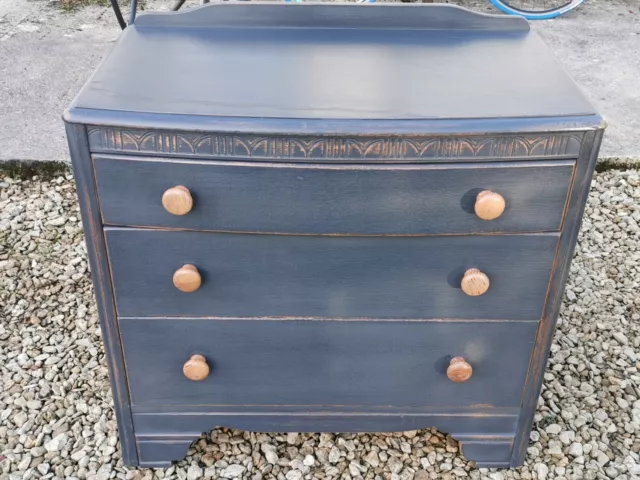 Lightly Distressed Bow Front Oak Chest Of Drawers In The Colour Of Aqua Viva
