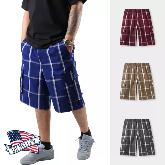 Mens Plaid Cargo Shorts Checkered Multi Pocket Pants