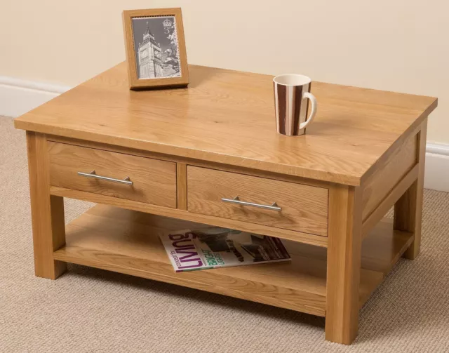 Oslo Solid Oak Coffee Table with Storage | Oak Wood Table with 2 Drawers & Shelf