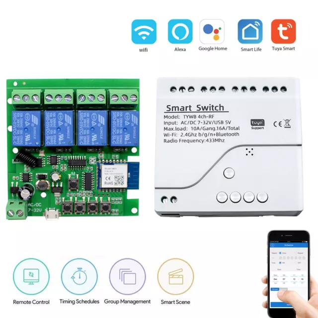 4CH Tuya Smart WiFi Funkschalter Kabellos Fernbedienung Ein/Aus Lichtschalter