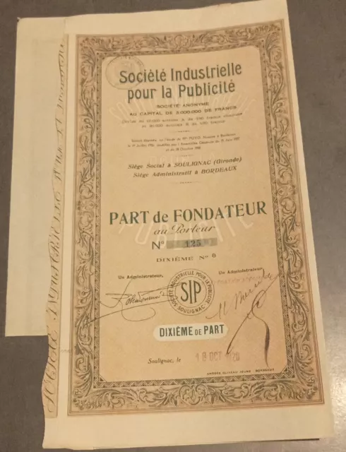 Ancien Titre / Action Société Industrielle Pour La Publicité, 1920