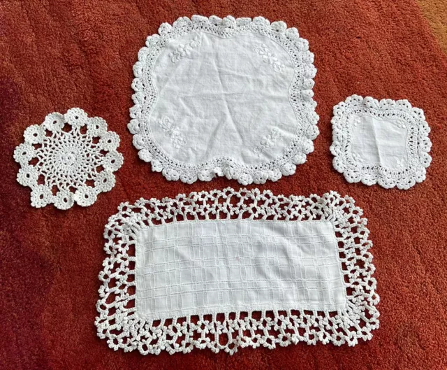 4 Small Vintage White  Embroidered Crochet Dressing Table Mats Doilies