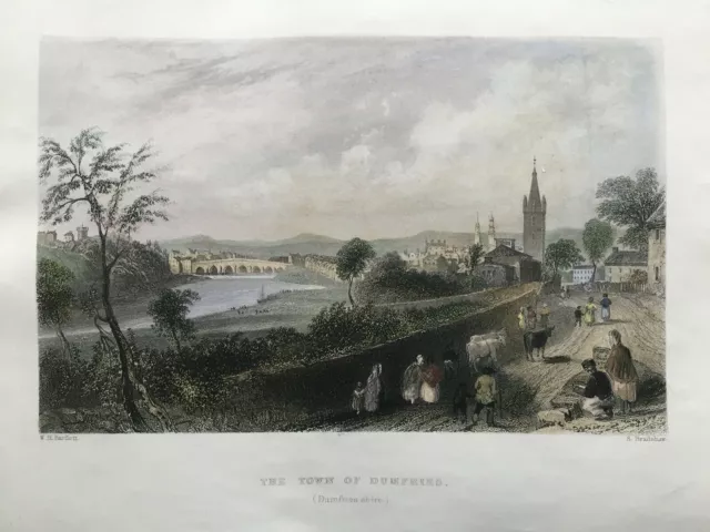 1837 Antique Print; Town of Dumfries, Scotland after William Bartlett