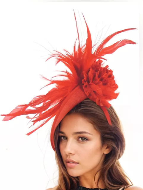 Red Feather Kentucky Derby Fascinator Hat Red Ascot Wedding Hatinator Cocktail