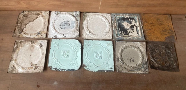 10 sq ft Antique Tin Ceiling Pieces Shabby Tile Chic Vtg Arts Crafts 81-23A