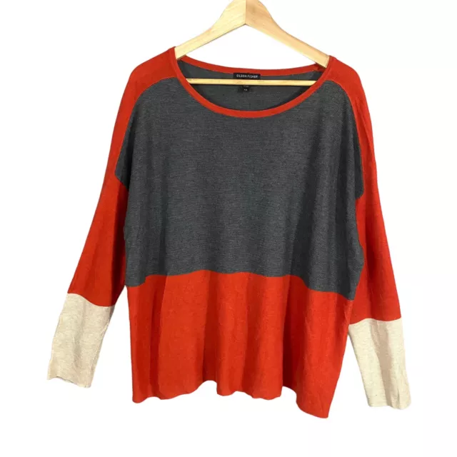 Eileen Fisher Long Sleeve Pullover Sweater Size Large Orange Gray Merino Wool