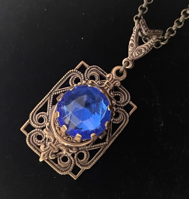 Vintage Necklace Art Nouveau Antique Blue Rhinestone & Brass Filigree Pendant