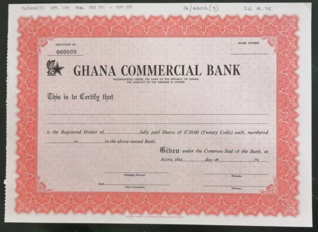 AFRICA Ghana Commercial Bank Accra 1975 specimen shares 20 Cedis, banking