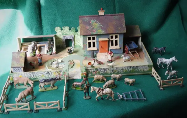 Wendal Spielzeug 1948 Aluminium Bauernhof Figuren Tiere & Holz 40pc Inc Britains