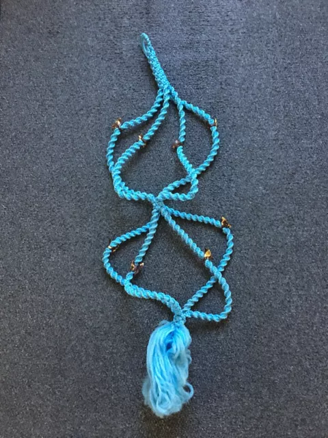 Vintage Blue Macrame Double Plant Hanger Ceramic Butterfly Bead 65"
