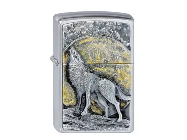 ZIPPO "WOLF AT THE MOONLIGHT" HOWLING MOON BRUSHED CHROME LIGHTER *NEW in BOX*