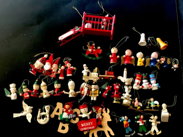 Vintage Wooden Christmas Ornament Lot Taiwan Angel Crib Sled Nutcracker Santa