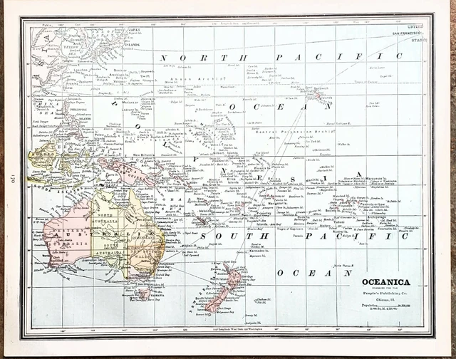 1887 Oceanica Map Australia Hawaii Sandwich Isles Philippines Borneo ORIGINAL