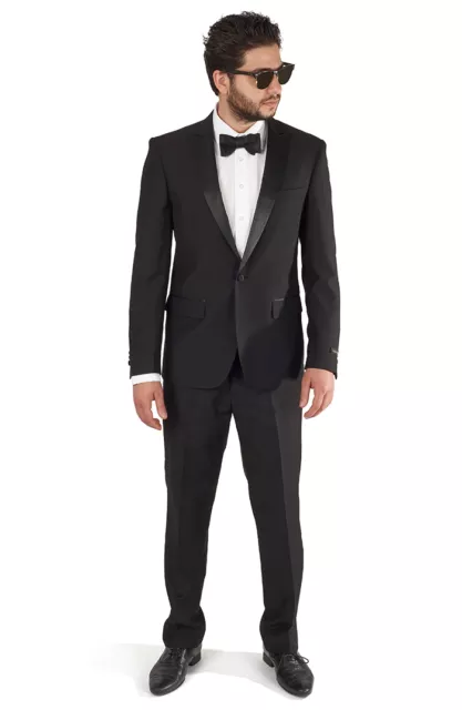 Slim Fit Black Men's One Button Tuxedo Peak Lapel Flat Front Pants By AZAR MAN