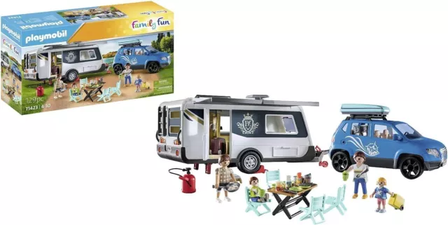 PLAYMOBIL Family Fun 71423 Wohnwagen mit Auto, Camping, vielseitiger Campingspaß