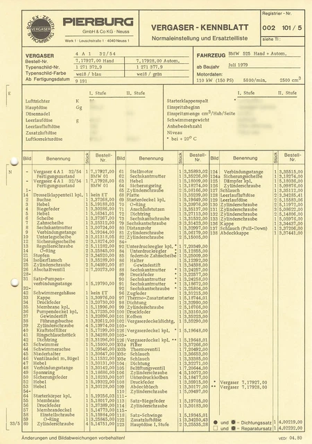 SETTING DATA DATASHEET spare parts list Solex 4A1 carburetor BMW 525 ...