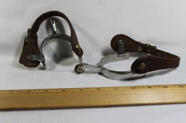 Vintage  Pr Of Chrome Spurs Brass Rowels Swivel Brass Tie Down Button