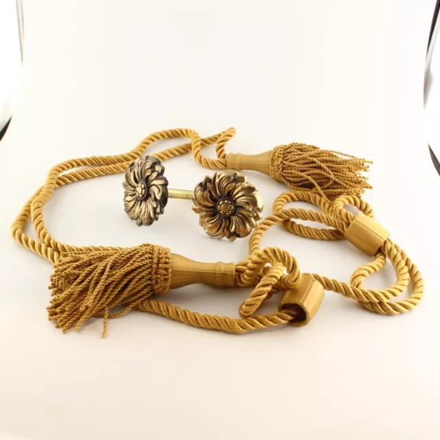 Set 2 Gold Rope Tassel Curtain Drape Tiebacks w/ Kirsch Rosette Hold Backs VTG