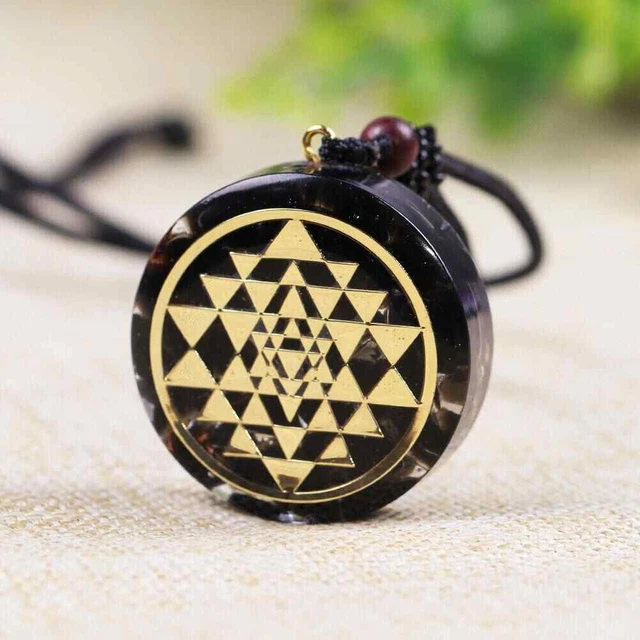 Natural Obsidian Orgonite Pendant Sri Yantra Necklace Sacred Geometry Chakra